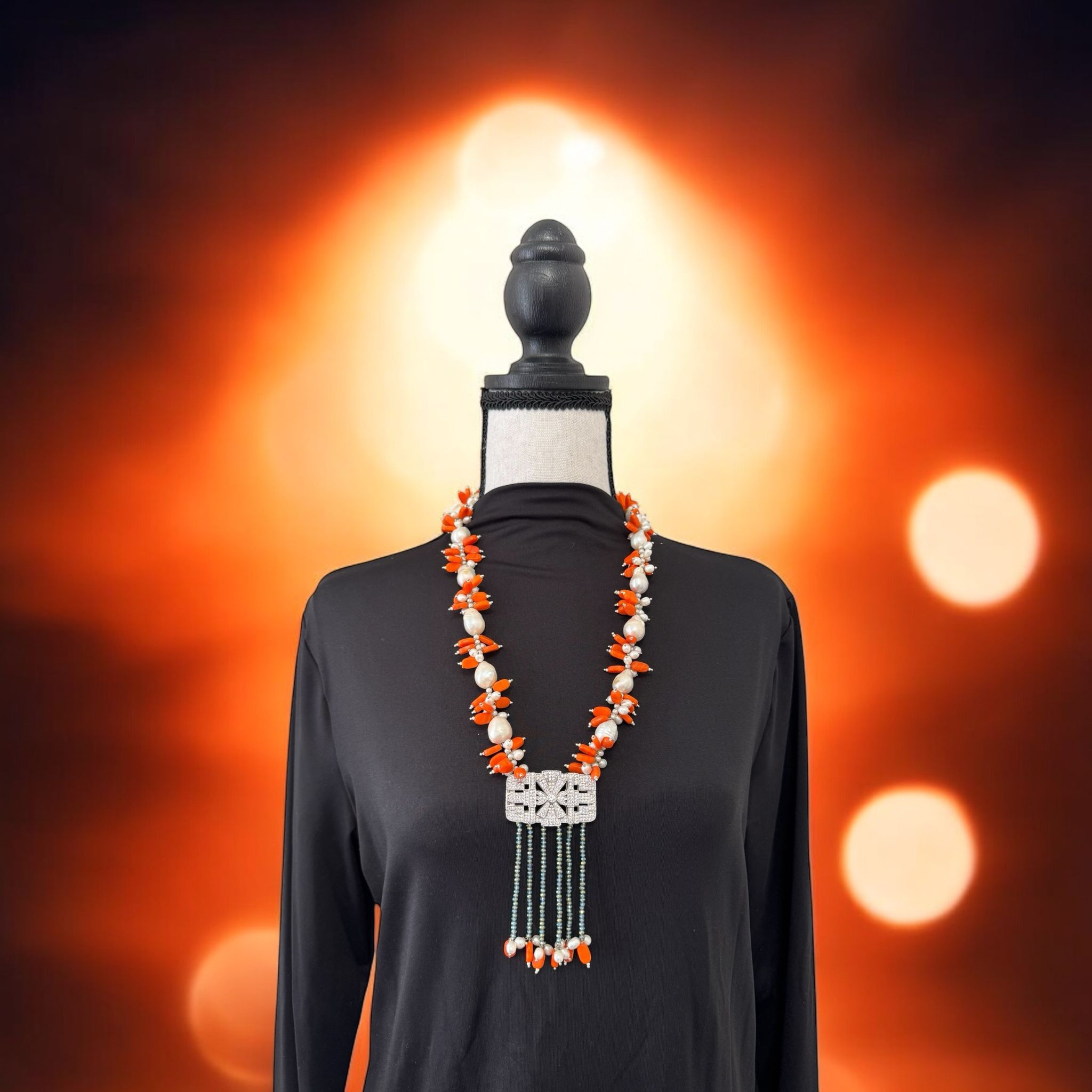 Baroque and Fresh Water Pearl with Zircon Square Pendant Necklace Orange