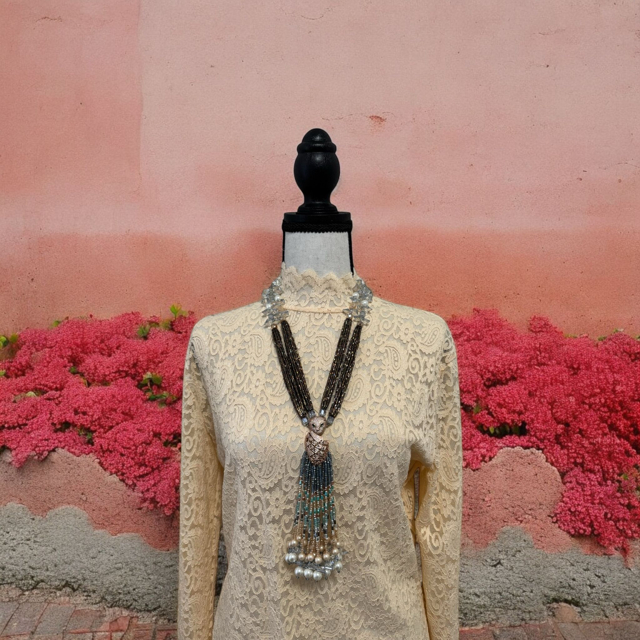 Multicolor Crystal Statement Necklace with Heavy Tassel