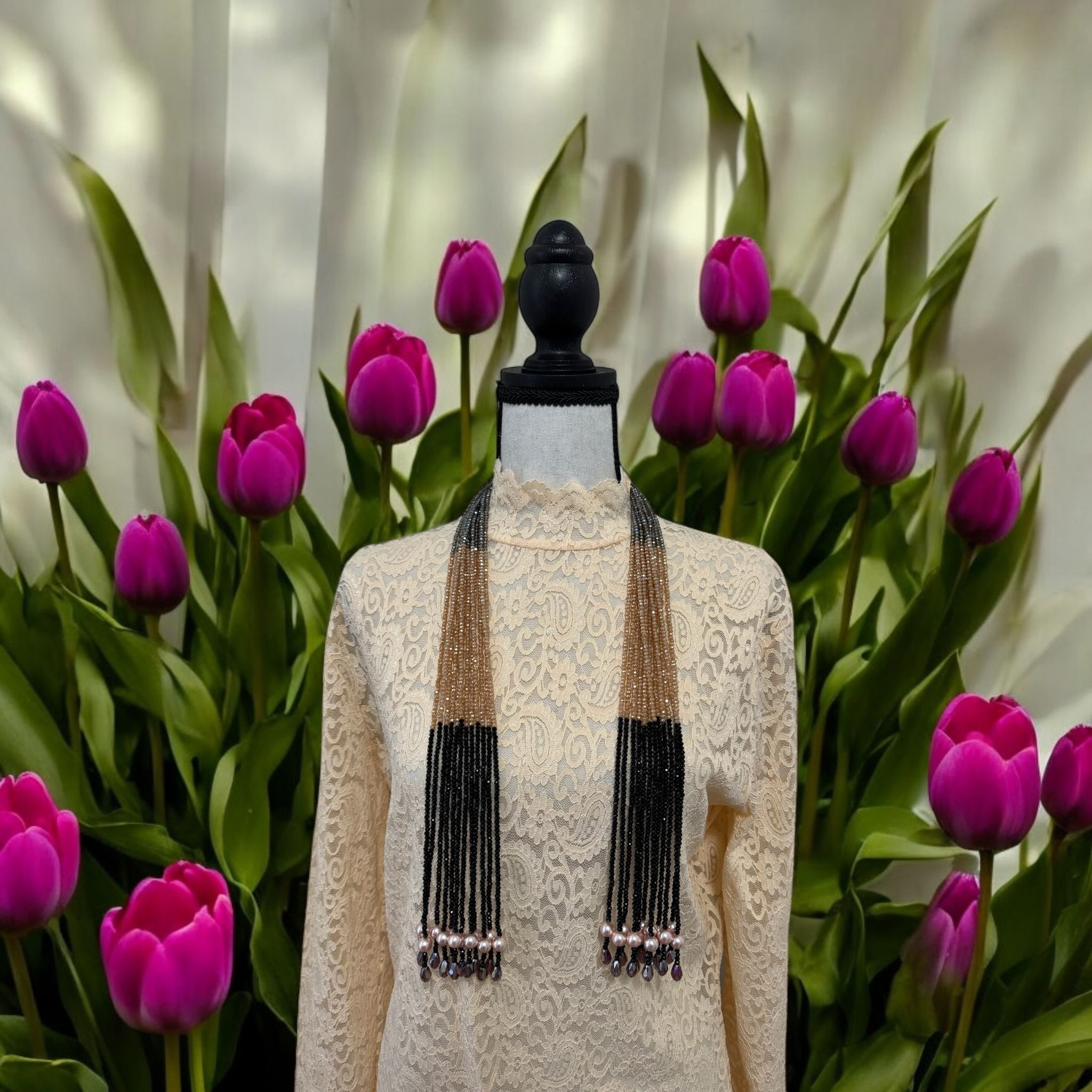 Crystal Scarf Black and Beige Multiway Drape Style Statement Necklace