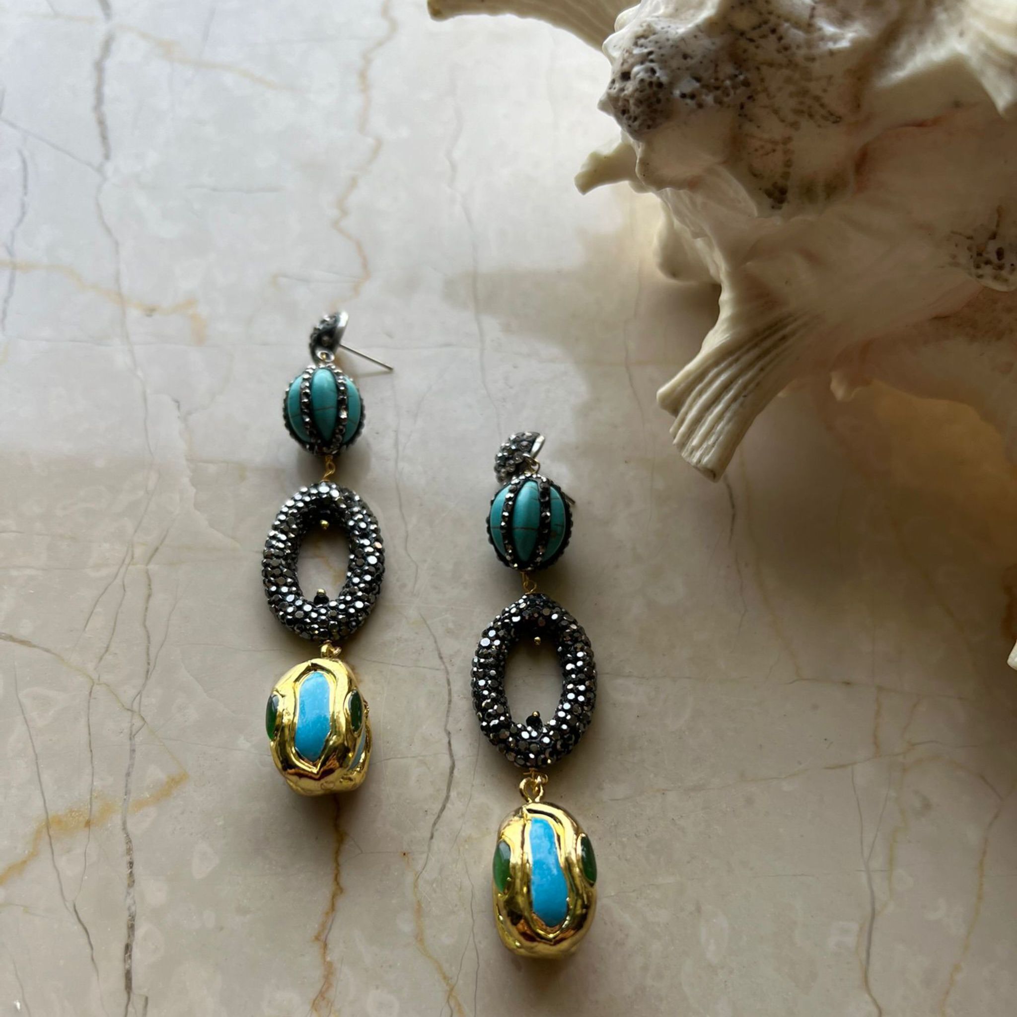 Long Earing having Turkish Rhinestone Charms in Turquoise Color