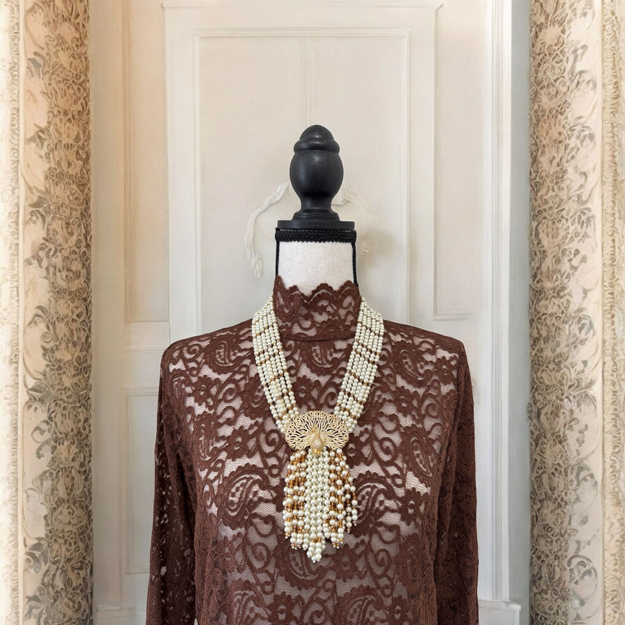 6 Line Pearl And Crystal Necklace Peacock Pendant Yellow