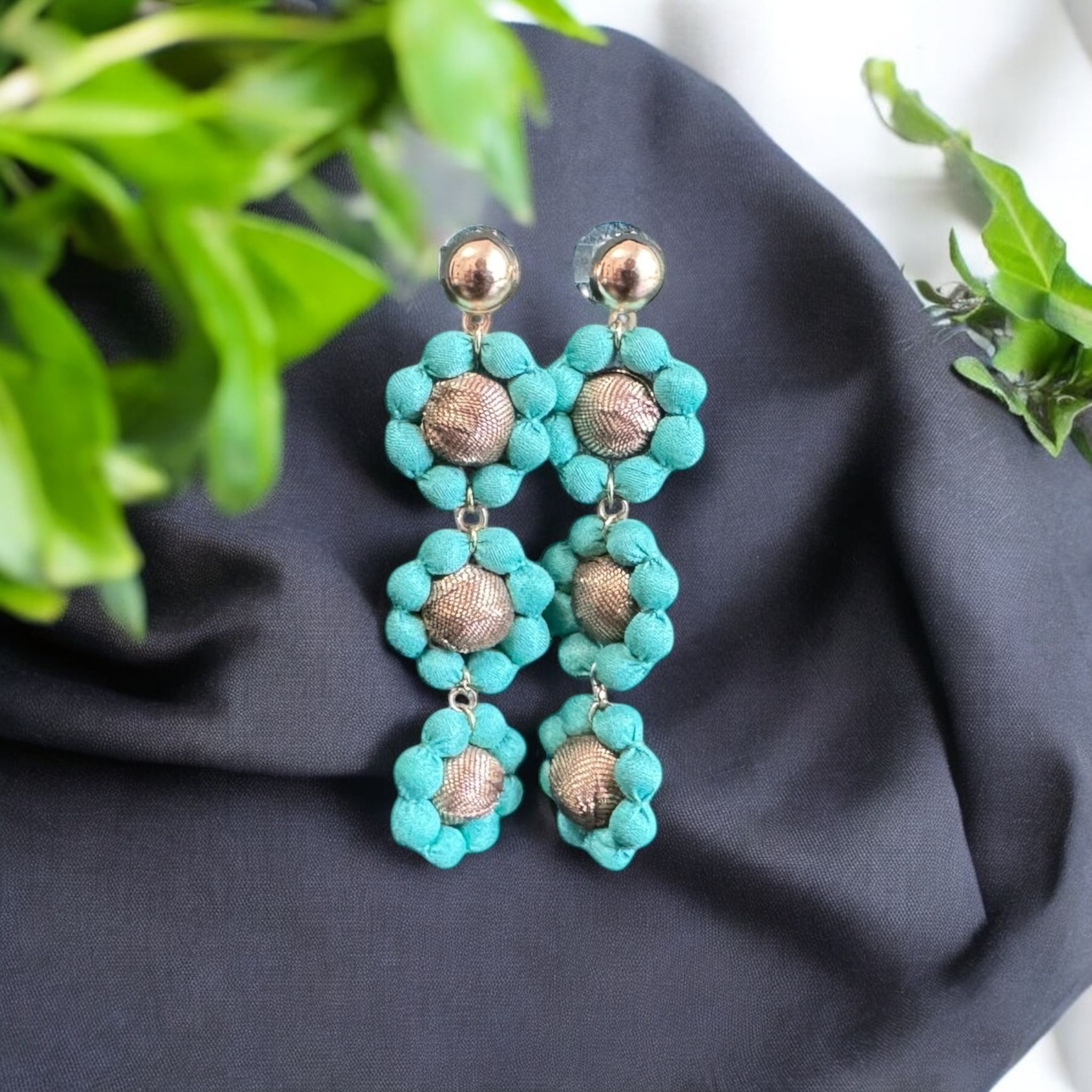 Silk Textile Earring Turquoise Flower